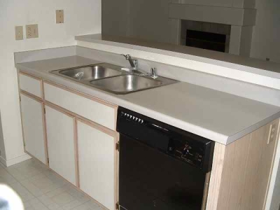 Stainless sink and dishwasher with mirror above